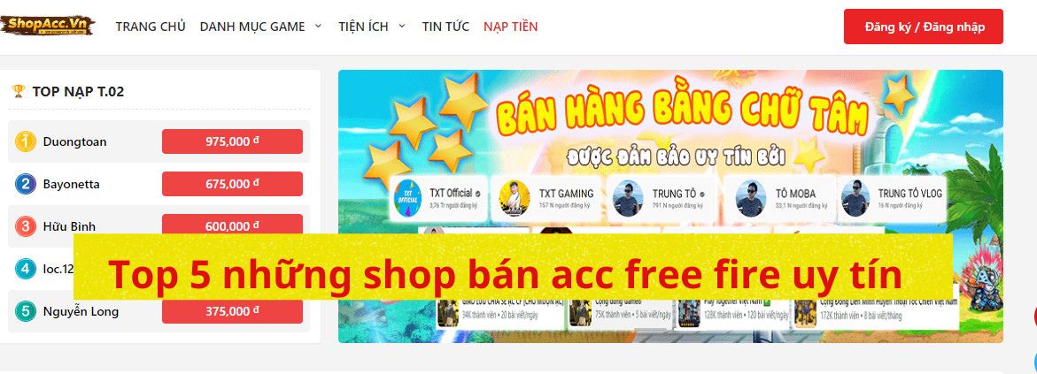 Top 5 những shop bán acc free fire uy tín