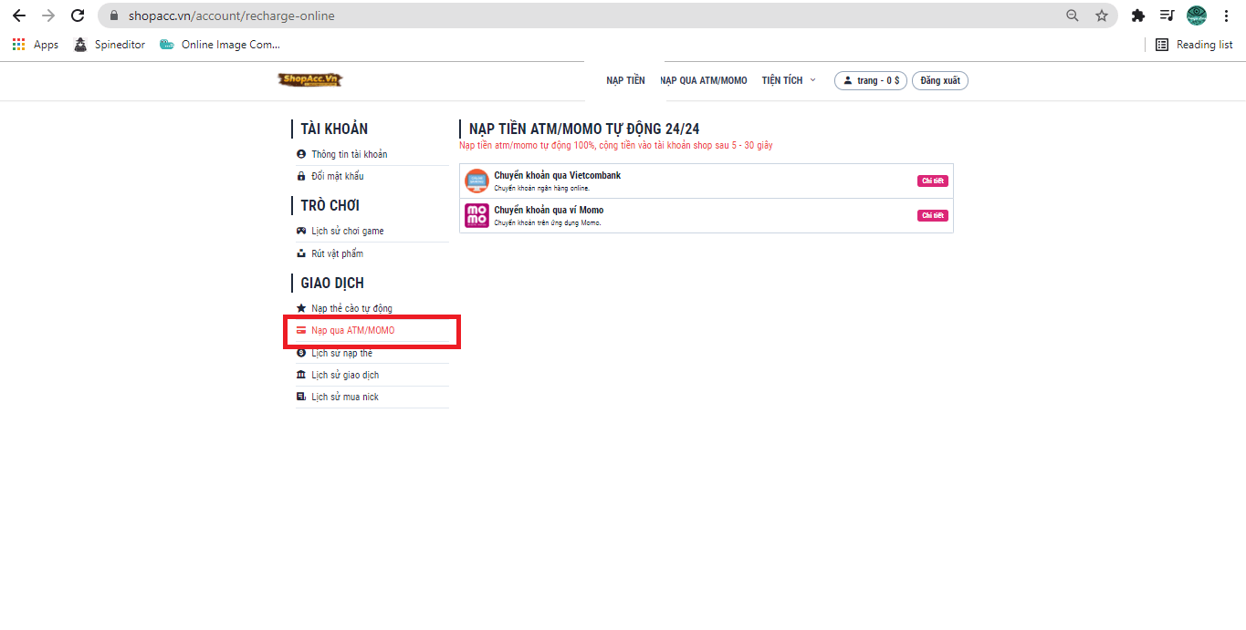 Bước 3.2: Hoặc chọn nạp qua Momo/ATM tại đây thuê nick cf