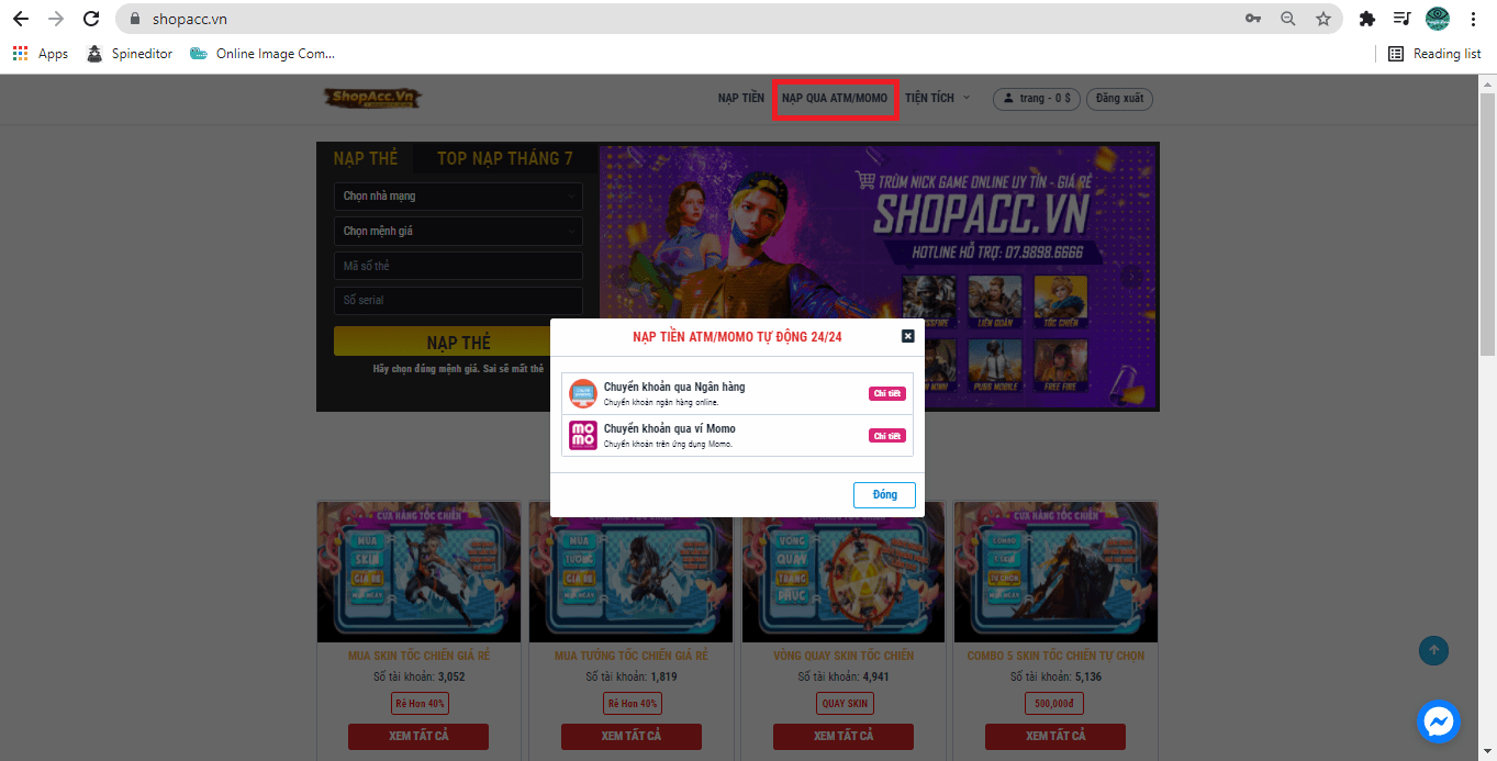 Bước 3.1: Nạp tiền qua Momo hoặc thẻ ngân hàng thuê acc CF VIP