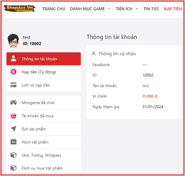 Thông tin tài khoản shopacc.vn