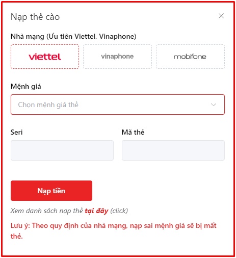 nạp tiền từ thẻ cào vào shopacc.vn